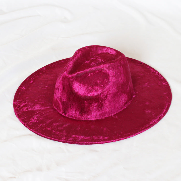 Golden velvet Fedora Hat autumn winter jazz hat red Fedora men's and women's gorras top hat large edge