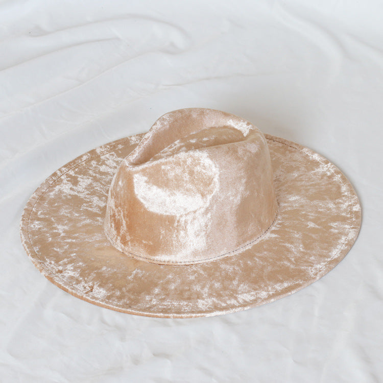 Golden velvet Fedora Hat autumn winter jazz hat red Fedora men's and women's gorras top hat large edge